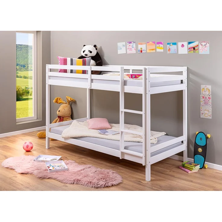 Inter Link – Etagenbett – Hochbett – Jugendbett -Stockbett – Kinderbett – Kiefer massivholz – Weiß – ohne Lattenrost – 90x200 cm - Small Cloud – Bild 1