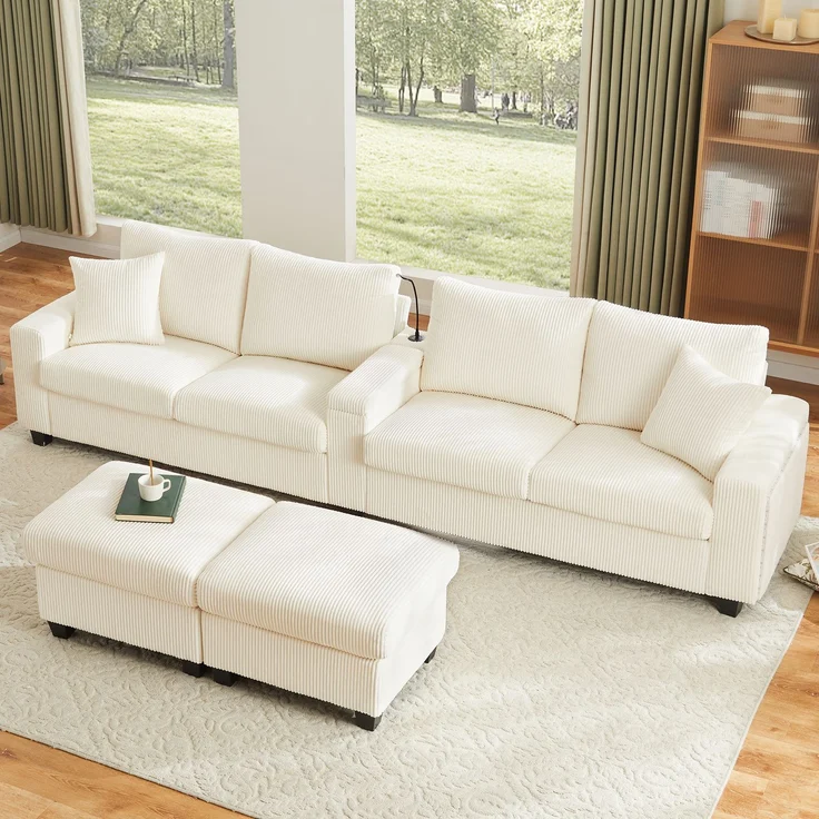 Cord-Sofa mit 2 Stauraumhockern, Leselampe, Klappkonsole, App-LED und USB-C, U-förmige Lounge-Couch mit Getränkehalter, Beige – Bild 18