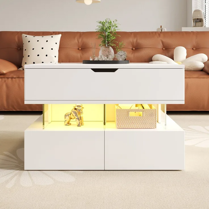 Höhenverstellbarer Couchtisch mit LED-Beleuchtung & Lift-Top in Weiß - 70x67x57 cm