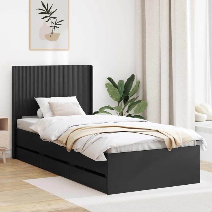 vidaXL Bettgestell mit Stauraum und Kopfteil Schwarz 100 x 200 cm 3413972 – Bild 1