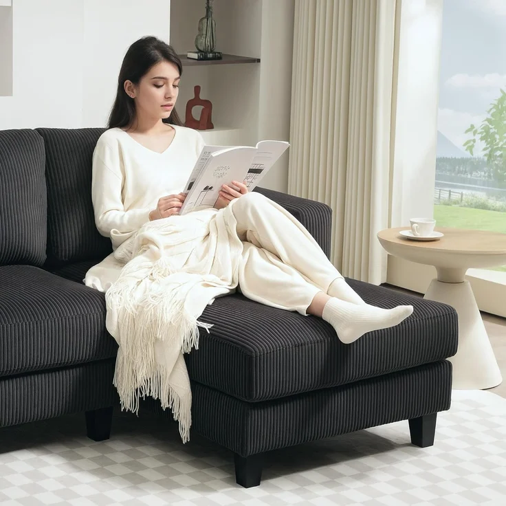 HOMCOM Ecksofa Sofa mit Chaiselongue Cord-Optik Hochdichtem Schaumstoff, bis 400 kg, L Form Couch 1 Teile, für Wohnzimmer, Schlafzimmer, 214 x 134 x 84 cm Dunkelgrau – Bild 8