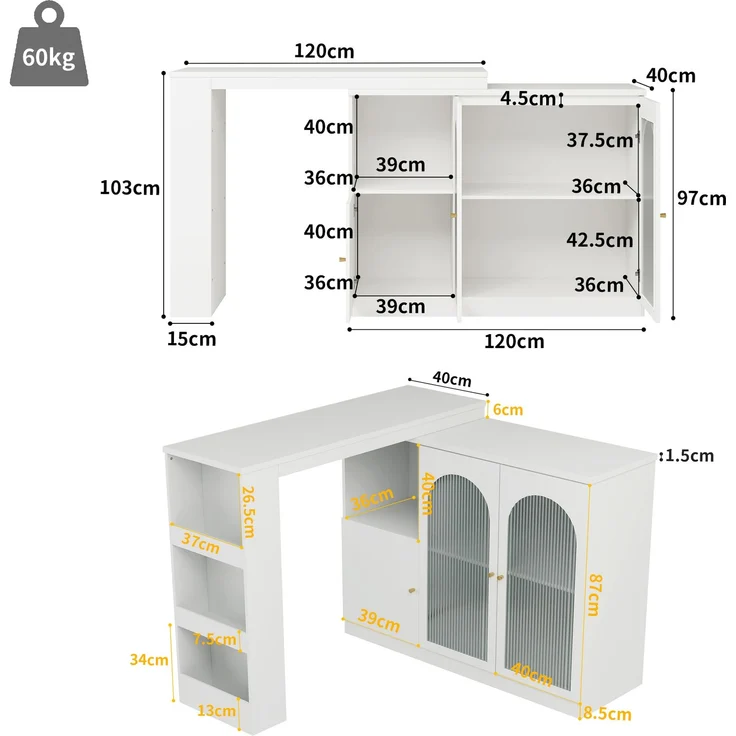 Esszimmerschrank Sideboard Weiß mit 360° Drehfunktion, Changhong-Glas Türen,Aufbewahrungsschrank mit Regalen und Schubladen – Bild 9