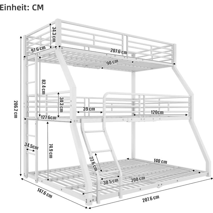 Bett 90x200 cm Dreifach-Etagenbett aus Metall – platzsparend, sicher und robust – Bild 6