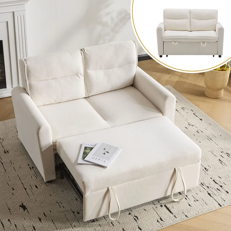 Schlafsofa aus Kettenwirk-Velours mit 5-fach verstellbarer Rückenlehne, ausziehbarem Bettfunktion & Klappsofa,Beige – Bild 5