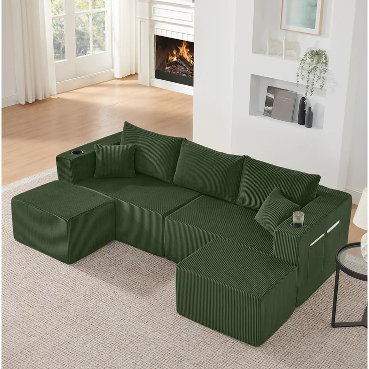 Modulares 3-Sitzer Ecksofa mit 2 Ottomanen, Cordbezug, H 75 x T 138 x B 230 cm, Grün