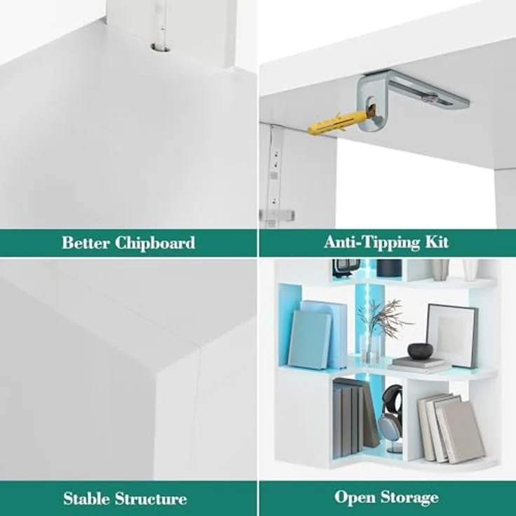 YITAHOME eckregal weiß mit Beleuchtung, 7 Etagen bücherregal, L-förmiges eckregal stehend, Corner Shelf, led Regal für Büro, Arbeitszimmer, Wohnzimmer, Schlafzimmer, L64 × W41.5 × H180 cm – Bild 6