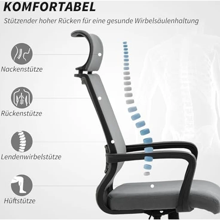 HOMCOM Bürostuhl, Ergonomischer Schreibtischstuhl mit Armlehne, Kopfstütze, Höhenverstellbarer Drehstuhl mit Wippfunktion, Computerstuhl mit Kunstwolle-Optik, Dunkelgrau – Bild 4