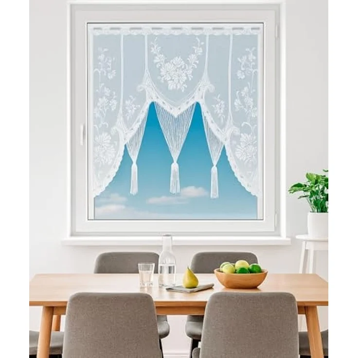 heimtexland Scheibengardine Raffiniertes Fensterbild M-Bogen Jacquard Gardine (1 St), Stangendurchzug, transparent, Jacquard, Fensterdekoration Fadengardine mit gebogter Blumen Bordüre – Bild 4
