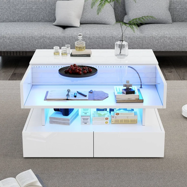 Couchtisch mit hydraulischer Hubfunktion und LED-Beleuchtung, Hochglanz Oberfläche, 2 Schubladen & gehärtetem Glas,Weiß – Bild 4