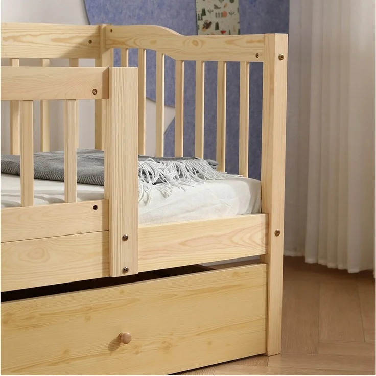 LEADZM Kinderbett mit Schubladen 70x140 / 80x160 / 90x200cm, Hausbett mit Lattenrost, Bodenbett mit Stauraum und Abnehmbarer Barriere, Naturbelassen – Bild 4
