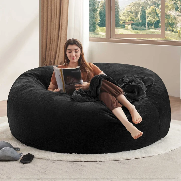 Großer runder Sitzsack 150 cm mit Velboa-Kurzplüschbezug, Memory-Schaum-Loungesitz für Wohn- und Schlafzimmer, Schwarz – Bild 1