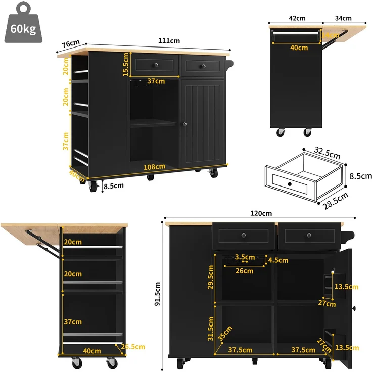 Merax Kücheninsel mit herausnehmbaren Trennwänden, Küchenschrank, Esszimmerwagen mit Arbeitsplatte, Buffetschrank, Esszimmerwagen mit Holzmaserung, ausgestattet mit Snackhalter und Weinglasregal, schwarz – Bild 4