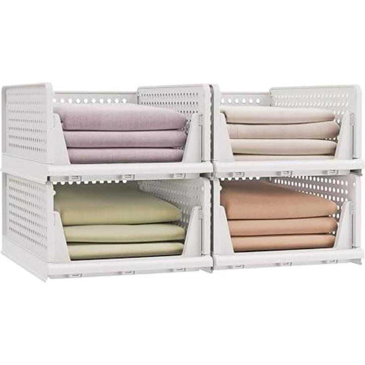 SONGMICS Schrank-Organizer klappbar, Kleiderschrank-Organizer stapelbar, ausziehbarer Korb 4er Set, Aufbewahrung und Organisation, Kunststoff, Schlafzimmer, Büro, Badezimmer, weiß LPC400WZ01 – Bild 1