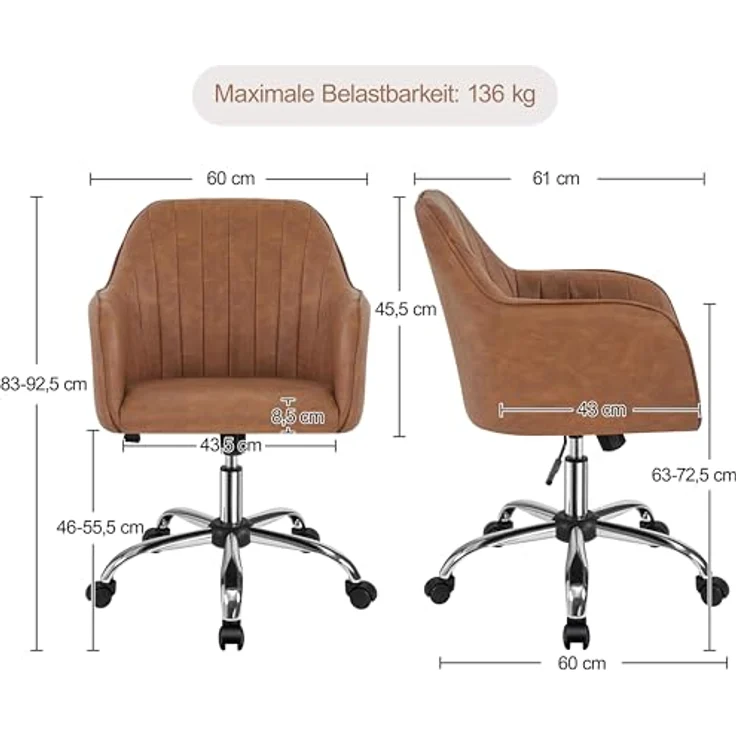 Yaheetech Homeoffice Stuhl, Schminkstuhl, Schreibtischstuhl, höhenverstellbar Drehstuhl, Bürostuhl mit gepolstertem Samtstoff, für Arbeitszimmer, Schlafzimmer, bis 136 kg belastbar, Retrobraun – Bild 4