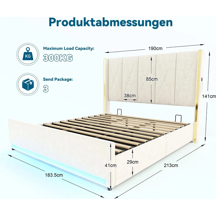LVHOM Polsterbett mit Stauraum, Doppelbett mit LED, USB-Anschlüsse und Seitentaschen, Funktionbett, 180x200 cm, Beige – Bild 8