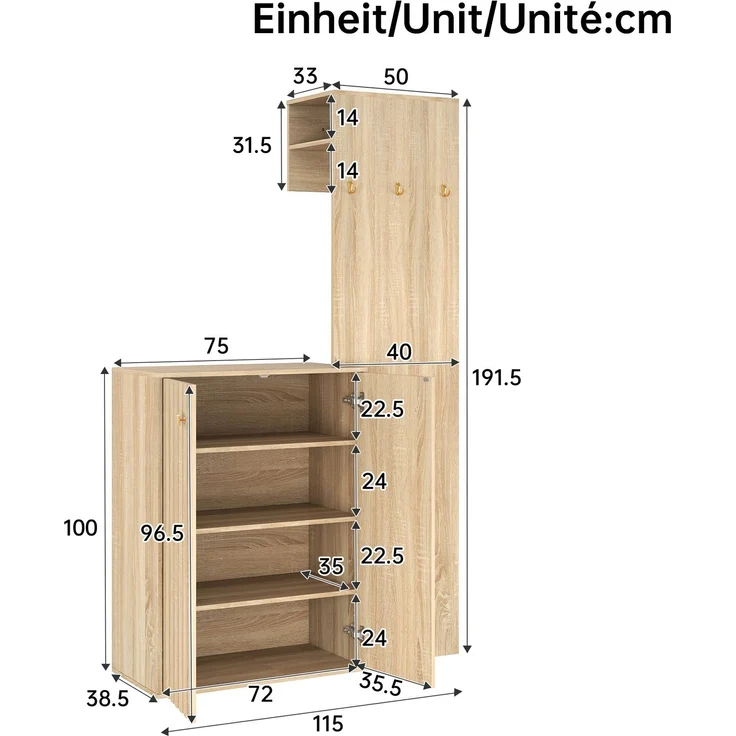 Moderne Flurgarderobe mit Stauraum,Garderobenset, Kompaktgarderobe,Schuhschrank,Flurgarderobe,mit Kleiderhaken,Kleiderstange, für den Flur--Natürlich--115x38.5x191.5cm--YOUDENOVA – Bild 4