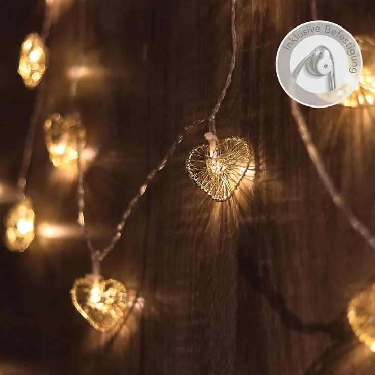 COZY HOME LED-Lichterkette Herz Lichterkette Batterie und Stecker -, 20 LEDs I 5 Meter I Timer-Funktion I Warmweiß I Lichterkette Innen – Bild 2