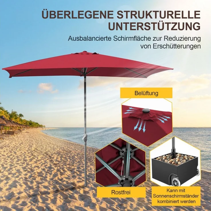 Clanmacy Sonnenschirm Rechteckig Balkonschirm 210x140 cm Sonnenschutz mit kurbel Rot, LxB: 210x140 cm, Stabiler knickbar/für Garten, Balkon, Terasse/Sonnenschutz – Bild 2