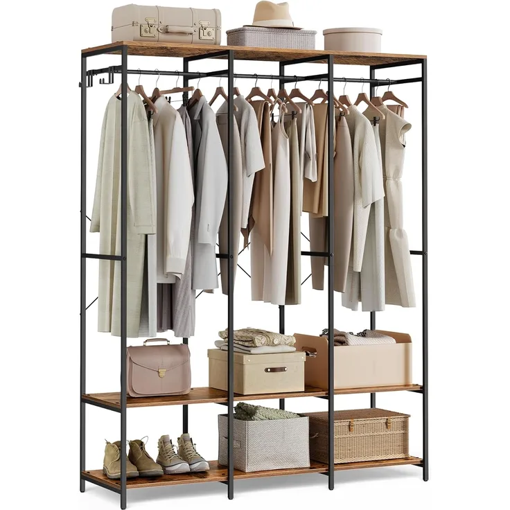 SONGMICS Kleiderschrank offen, Kleiderständer, Garderobenständer, Garderobe mit Kleiderstange, Ablagen, abnehmbare Haken, 40 x 141 x 180 cm, vintagebraun RGR005B01