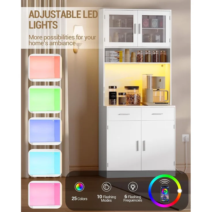 Buffetschrank, Küchenschrank mit 2 Schubladen, Hochschrank mit Steckdosenleiste und LED-Beleuchtung, 2 Schranktüren mit Glasfront, Küche, Wohnzimmer, 40 x 80 x 190 cm, Weiß – Bild 5