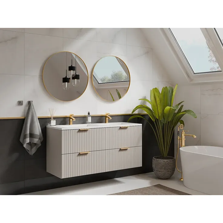 Vente-unique - ZEVARA Waschbeckenmöbel Holz, Platte Beige - B 46 cm x H 57 cm x L 120 cm