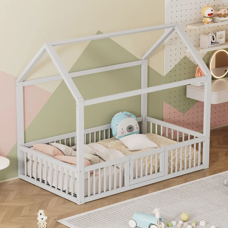 Bett 90x200 cm Hausbett aus Kiefernholz mit Türchen und Rundum-Sicherheitsgitter, ohne Matratze, Weiß – Bild 2