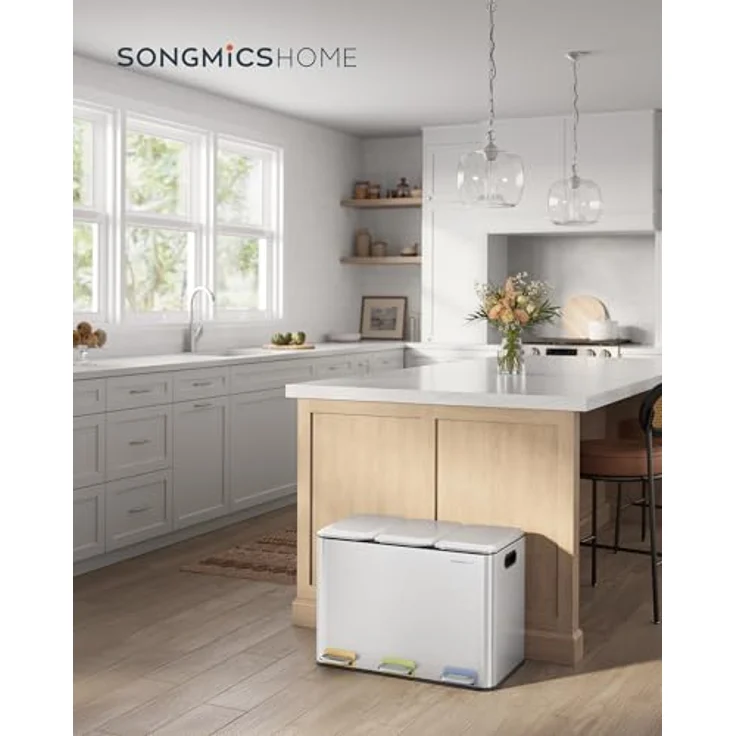 SONGMICS HOME Mülleimer Küche, 3x15 L Fächer, Abfalleimer mit farbcodierbaren Pedalen, Mülltrennsystem, mit Deckeln und Inneneimern, Stahl, metallicsilber LTB740E45V1 – Bild 3