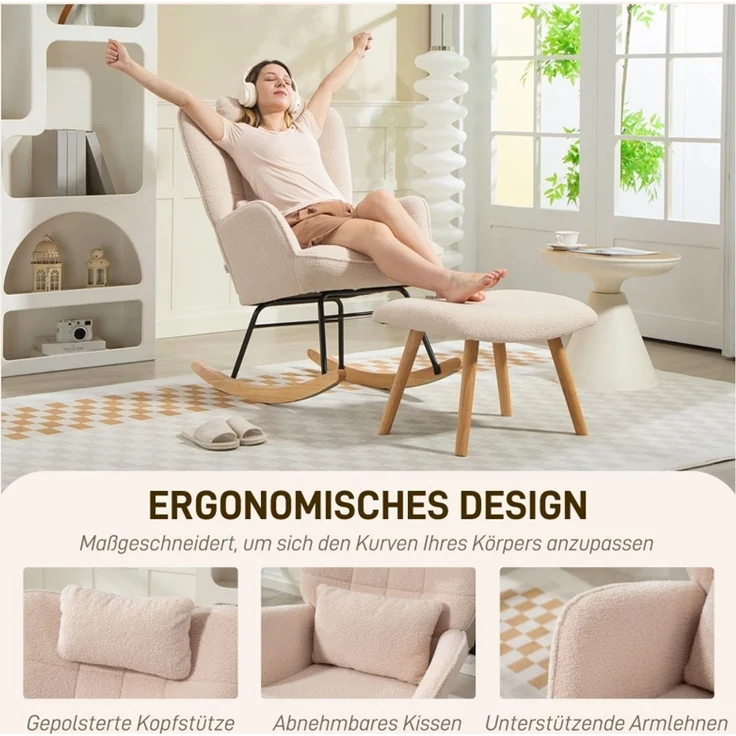 Schaukelstuhl mit Fußhocker, weicher Fleece-Bezug, Holzbeine, Kissen, hohe Rückenlehne, Schaukelsessel, Beige--Beige--101.5x70.5x99.5cm--YOUDENOVA – Bild 5
