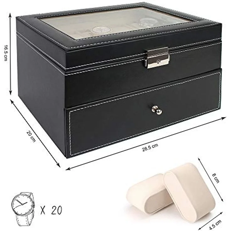 Todeco - Uhrbox, Uhr und Armband Aufbewahrung - Material der Box: MDF - Kissenmaterial: Samt - 20 Uhren mit Schublade und Display, Schwarz/Beige – Bild 2
