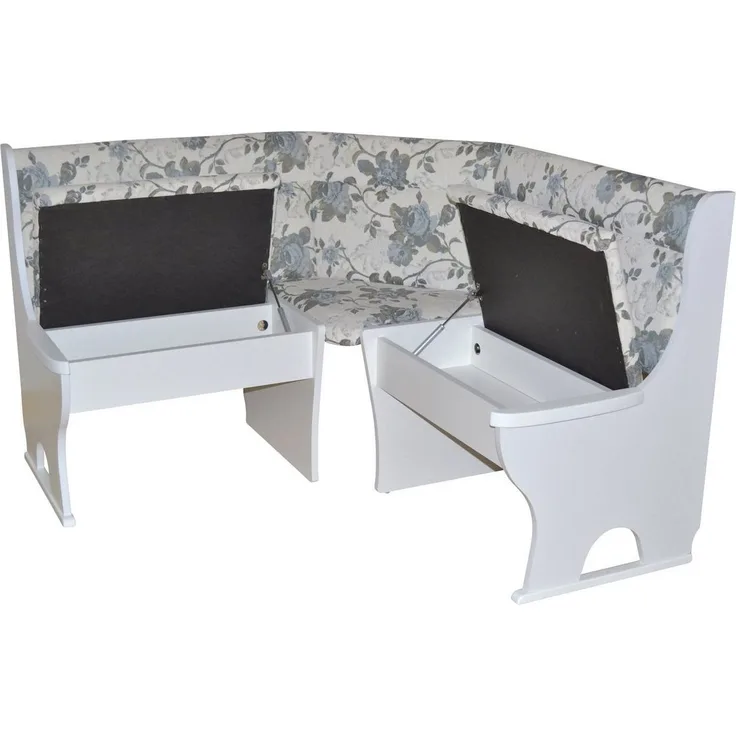 Truheneckbank "Anja 1W" 125x125 cm, Gestell Weiß, Stoff beige mit Blumendessin