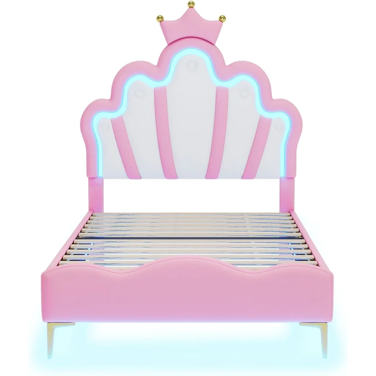 90*200cm Flaches Doppelbett, kronenförmiges Prinzessinnenbett, weiche Polsterung aus PU-Leder, verstellbarer LED-Umgebungslichtstreifen, Rosa – Bild 6