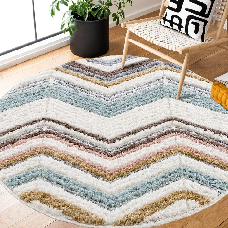 Teppich Rund - Hochflor - 120x120cm - Boho - Geometrisch Zick Zack - Muster -Pastellfarben Multi - Skandinavisch Flauschig Weich - Wohnteppich Schlafzimmer Dekoration – Bild 1