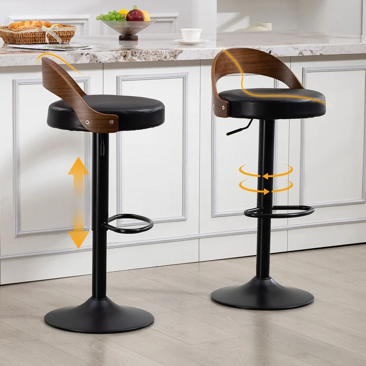 LVHOM Barstuhl 2er Set, 360° drehbarer Barhocker mit Rückenlehne und Fußstütze, höhenverstellbarer Tresenhocker aus Bugholz & PU-Leder, Schwarz – Bild 1