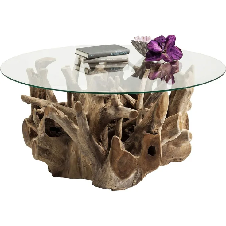 Kare Design Couchtisch Roots, Braun, 100cm Durchmesser, Beistelltisch, Wohnzimmertisch, Massivholz Korpus, ESG-Glas Tischplatte, handgemacht, Unikat, rund, 45 x 100 x 100 cm (H/B/T)