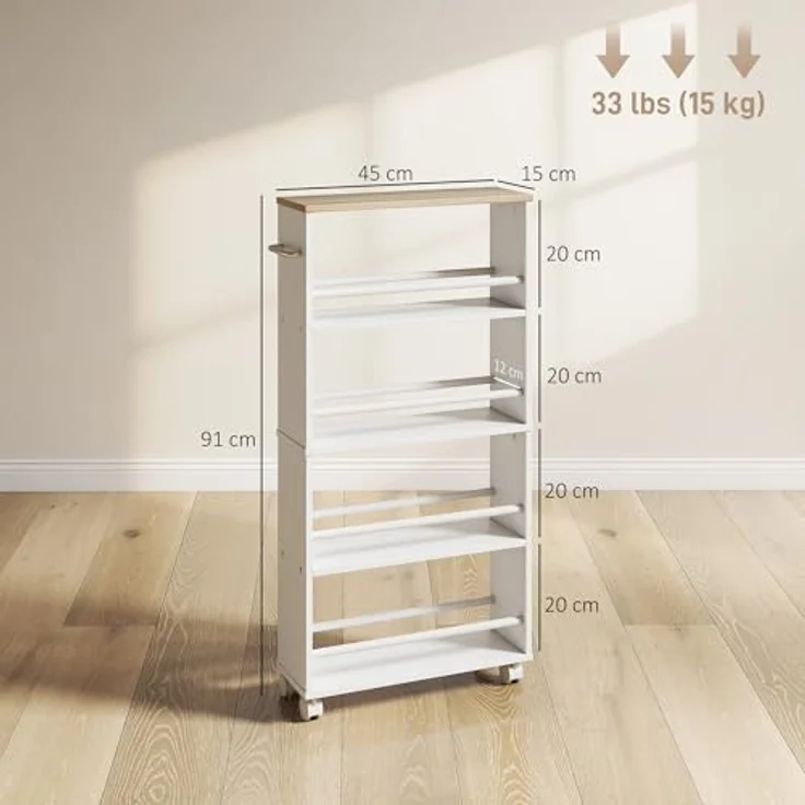 HOMCOM Servierwagen mit 4 Etagen Küchenwagen mit Rollen Griffe Allzweckwagen mit Bremsen schmal Küchenregal Küchenrollwagen für Küche Büro Badezimmer, Natur – Bild 7