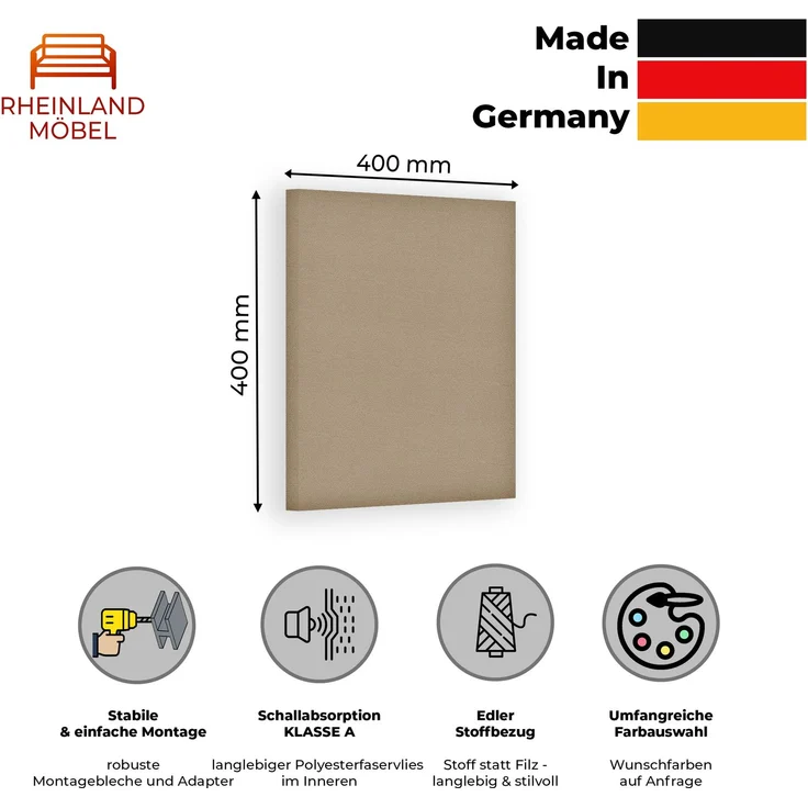 Rheinland Möbel FocusWall WAQ0404 – Quadratischer Akustik-Wandabsorber 40×40 cm in Stofffarbe Aruba inkl. Montage-Set - Made in Germany - Klasse A, Stoffbezug, schwer entflammbar – Bild 2