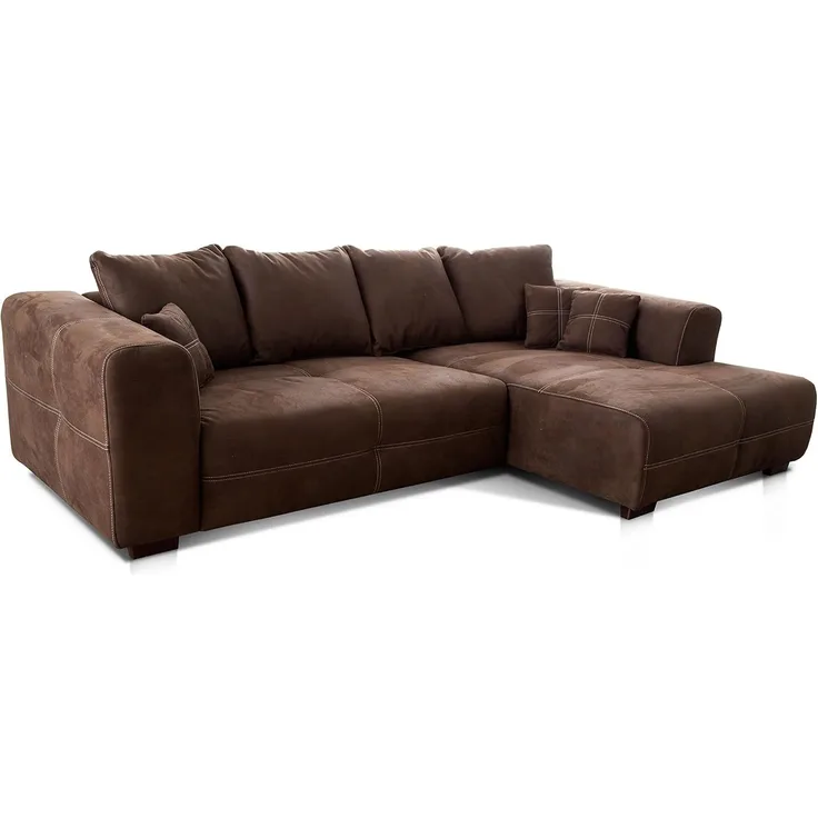 Cavadore Ecksofa Mavericco / XXL Eckcouch Inkl. Rückenkissen und Zierkissen / Longchair rechts / Industrial Style / 285 x 69 x 170 (BxHxT) / Mikrofaser Dunkelbraun