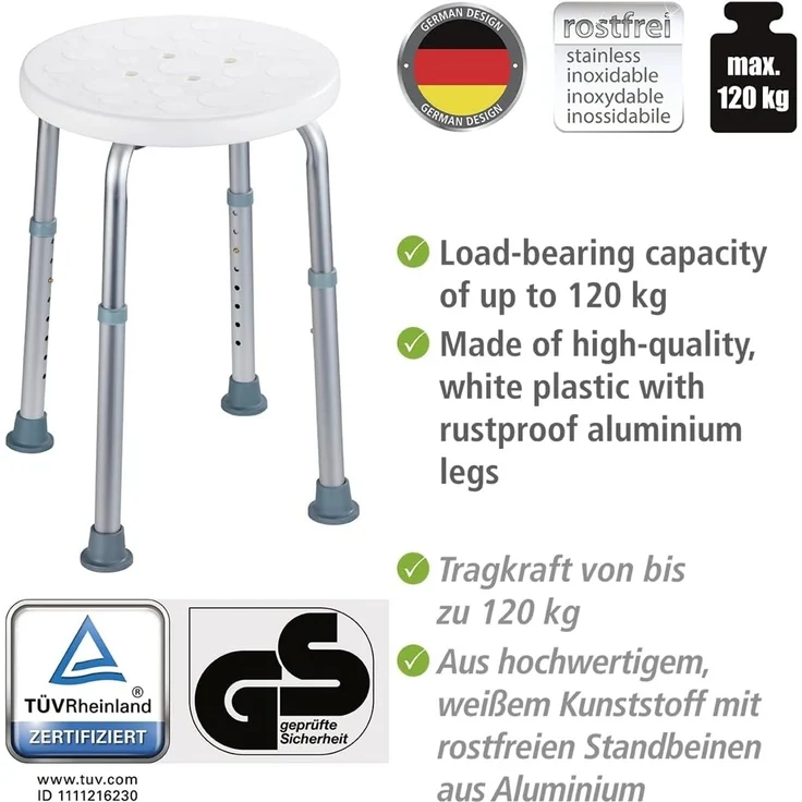 WENKO SECURA Badhocker, höhenverstellbar, 120 kg Tragkraft, für Dusche und Wanne – Bild 6