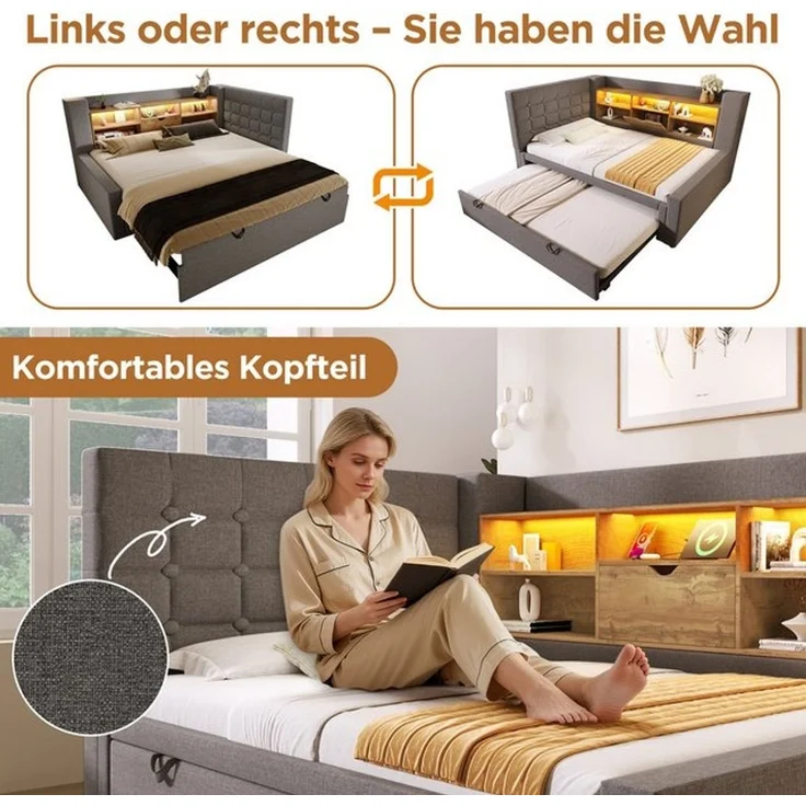 Odikalo Schlafsofa Schlafcouch 90x200 mit LED Ausziehbett und Stauraum, Polsterbett Bett 90x200 cm mit Ausziehbett 90x190, und LED-Beleuchtung,Struraumbett, L-förmigem Kopfteil mit Stauraum, beidseitig montierbar, Lattenrost, Leinen, (Ohne Matratze) – Bild 4