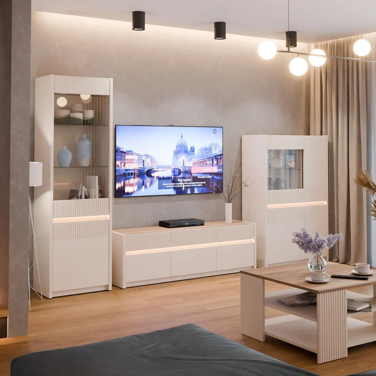 Forte OAK SQUERE Vitrine 60, elegante Wohnzimmervitrine mit 2 Türen, Glasfront und Beleuchtung, Holzwerkstoff, Mauvella Eiche Holzdekor/Sand, 60,6 cm breit x 197,9 cm hoch x 41,5 cm tief – Bild 9