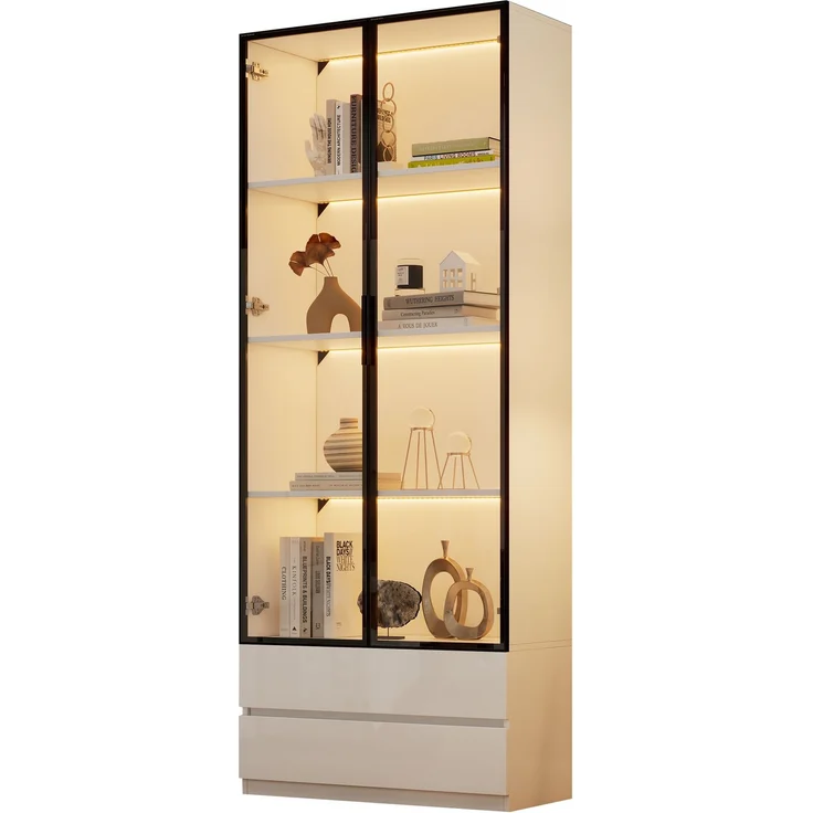 N625P332011012W)80*34*200cm Vitrine, Hochschrank mit LED-Leuchten, Wohnzimmer-Beistellschrank mit 2 Türen,Vitrinenschränke mit 2 Schubladen,Aufbewahrungsregale, Bücherregal, Display Regal,Weiß--Weiß--80x34x200cm--YOUDENOVA – Bild 10