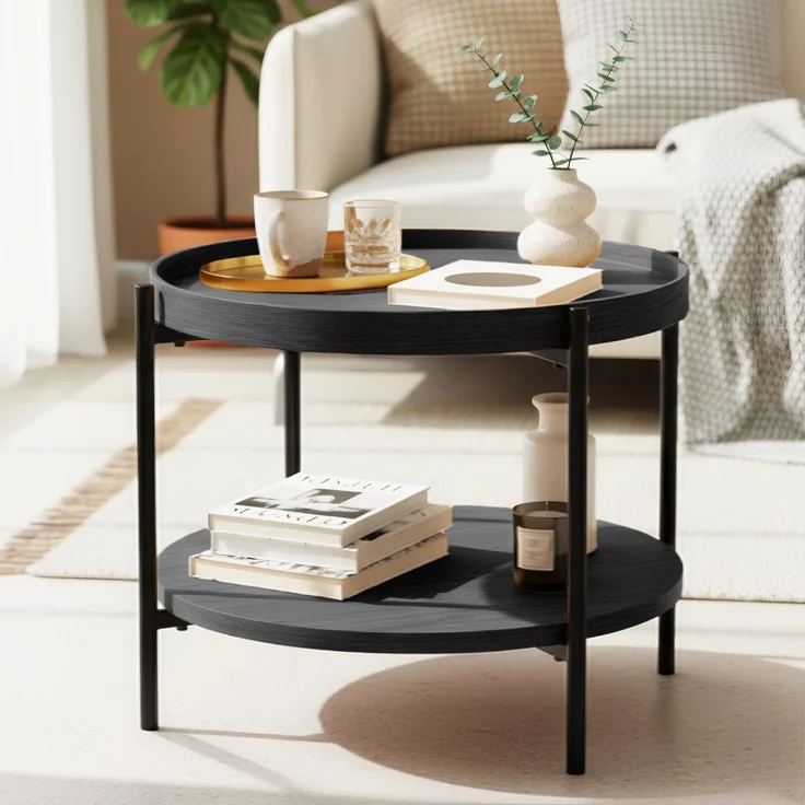 CLP Couchtisch Corbitan rund aus Holz 2 Ebenen Metallgestell schwarz,grau Ø 50 cm – Bild 1