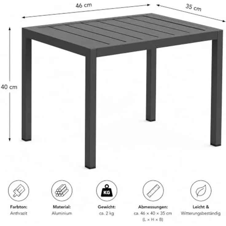 Mucola Gartentisch Aluminium Beistell Balkontisch rechteckig wetterfest Anthrazit Tisch Outdoor hitze- und wetterbeständig Terrassentisch – Bild 2