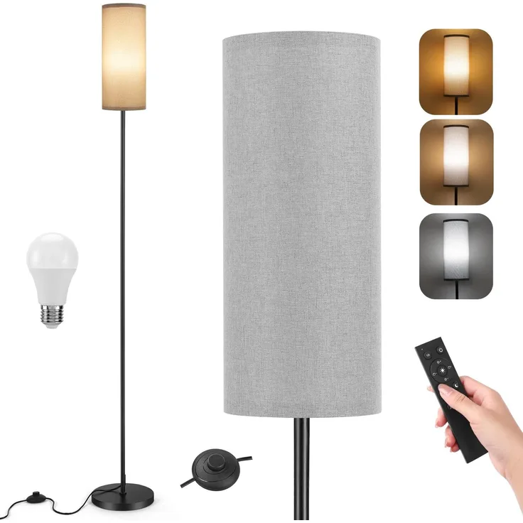 YICAIZI LED Stehlampe Wohnzimmer Dimmbar, 171.5cm Moderne Stehleuchte inklusive 12W E27 Glühbirne, 3 Farbtemperaturen, Grauer Lampenschirm, Fernbedienung und Fußschalte (Grau)