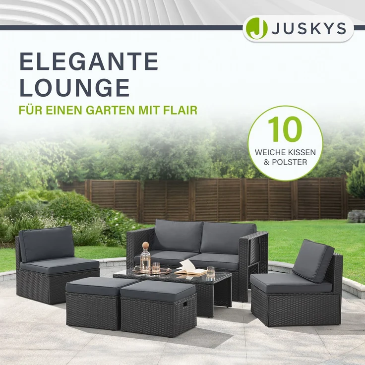 Juskys Polyrattan Gartenmöbel Set Salou - Outdoor Lounge wetterfest 6 Personen - Sitzecke mit Tisch & Kissen für Garten, Balkon, Terrasse - Schwarz – Bild 4