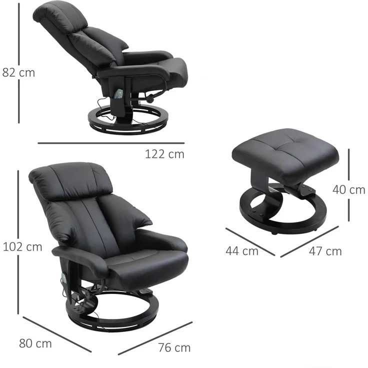 Massagesessel aus Kunstleder mit Fußhocker & Liegefunktion, 80x76x102 cm, Schwarz – Bild 2