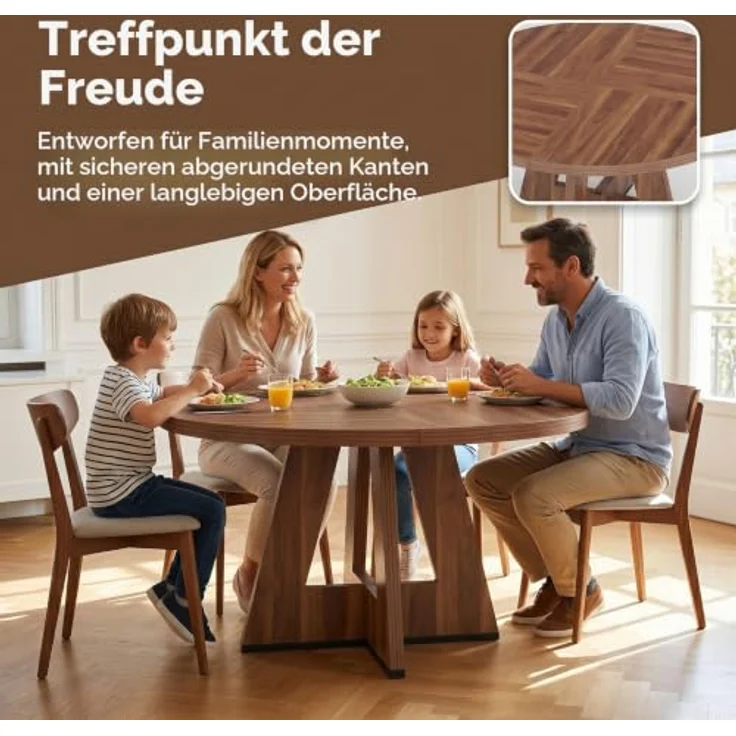 LITTLE TREE Runder Esstisch 120 cm, Esszimmertisch mit Holzsockel für 4–6 Personen, Kleiner Küchentisch im Minimalistischen Design, für Wohnzimmer Balkon Esszimmer, Retro Braun – Bild 5
