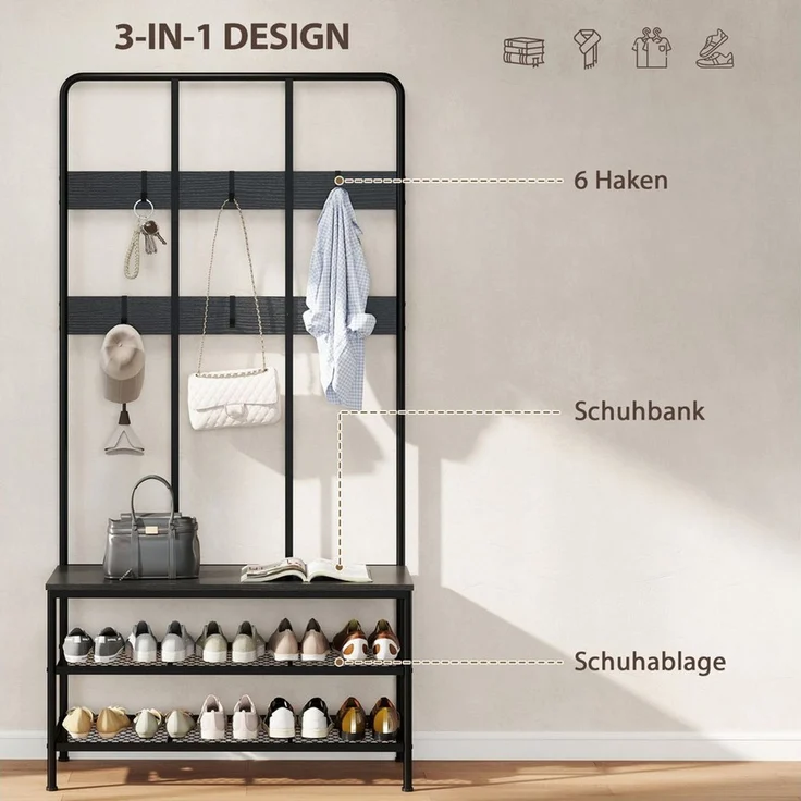 HOMCOM Garderobenständer mit Schuhbank, Garderobe mit 6 Haken, (Jackenständer, 1 St, Garderobe), für Eingangsbereich, Flur, Schlafzimmer, Schwarz – Bild 3