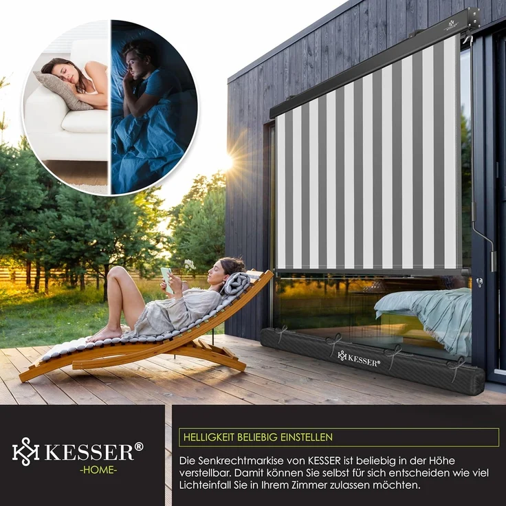 KESSER® Senkrechtmarkise Außenrollo Handkurbelmechanismus Balkonrollo Sonnen & Sichtschutz Beschattung Sonnenschutz Außen Rollo mit Kurbel Markisenkasten Balkon & Terrasse Inkl. Montageset & Abdeckung Grau / Weiß, 140 x 250cm – Bild 4