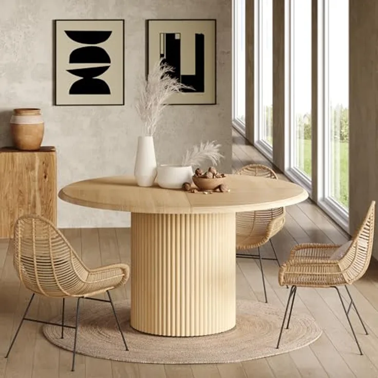 LITTLE TREE 120 cm runder Esstisch für 4 Personen, rustikaler Esstisch aus Naturholz mit stabilem, geriffeltem Untergestell, großer runder Küchentisch für Esszimmer und Wohnzimmer (nur Tisch)